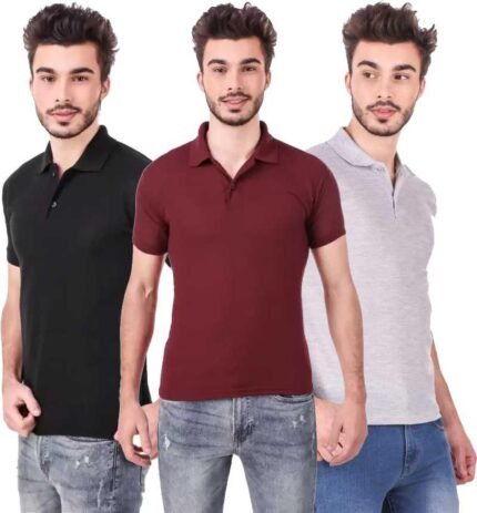 Men's Polo Neck Short Sleeve Casual Tshirt Combo of Maroon, Black, Grey colors (Pack of 3)