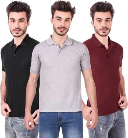 Men's Polo Neck Short Sleeve Casual Tshirt Combo of Maroon, Black, Grey colors (Pack of 3)