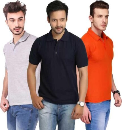 Men's Polo Neck Short Sleeve Casual Tshirt Combo of Blue, Orange, Grey colors (Pack of 3)