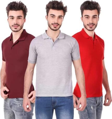 Men's Polo Neck Short Sleeve Casual Tshirt Combo of Red, Maroon, Grey colors (Pack of 3)